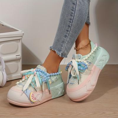TEMU Women's Breathable Thick Sole Lace-up Sneakers, Non-slip Rubber Outsole, Fabric Insole And Lining, Low- Shoes Image