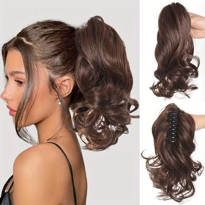 TEMU Instant Makeover, Chic Curly Wave Ponytail Extension For Women - Messy Highlight Claw Bun With Drawstring, Synthetic Hairpiece For Use Image
