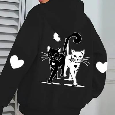 TEMU [stretchable Fit] Women's Plus Size Cat Print Hoodie With Kangaroo Pocket - Casual Long Sleeve, Polyester, Machine Washable, Winter Apparel|trendy Women's Hoodie|polyester Fabric Image