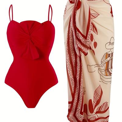 TEMU Solid Color Two-piece Swimsuit, One-piece Swimsuit With Thin Straps Controlling The Belly And Shaker Skirt, Women's Vacation Swimwear And Clothing Image
