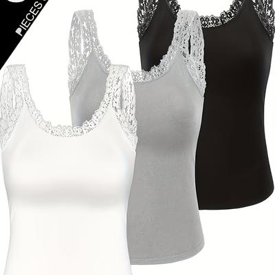 TEMU 3pcs Women's Sleeveless Tank Tops In Black, White & Gray - Sweet Lace Trim, Casual Korean Style, Lightweight Polyester Blend For Spring/summer/fall Image