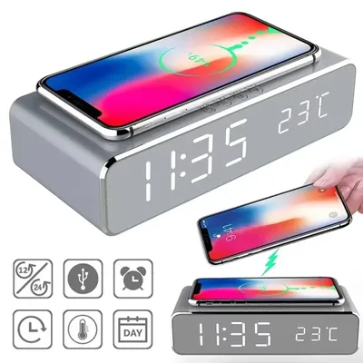 Für iPhone Samsung Zeit Alarm Schreibtisch Tisch Uhr Alarm LED Digital Datum Thermometer Telefon Drahtlose Ladegerät Schnelle Ladestation