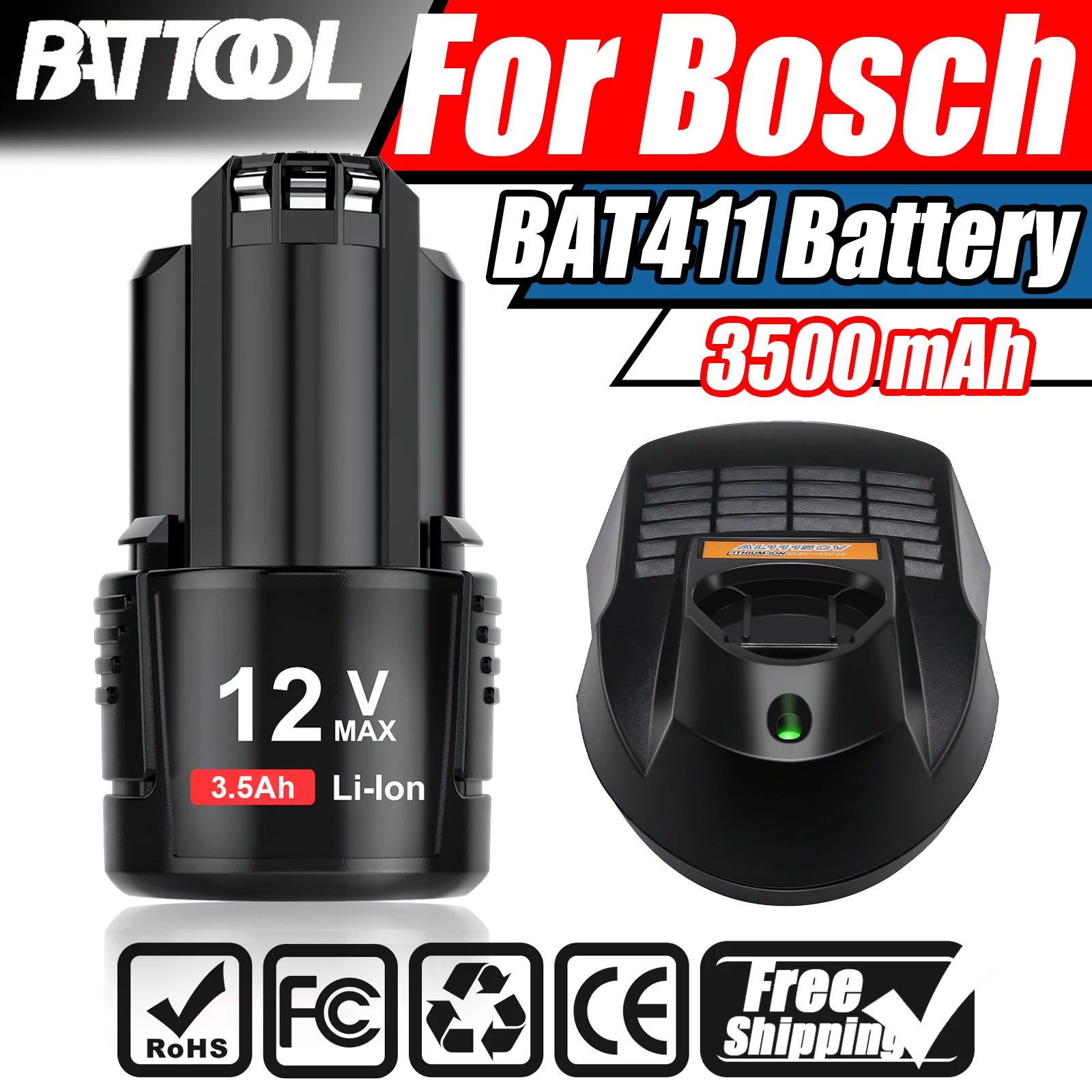 3500mAh BAT411 Battery For Bosch 12V BAT411A BAT412A BAT413A D-70745GOP 2607336013 2607336014 PS20-2 Li-ion Battery EU Charger Image