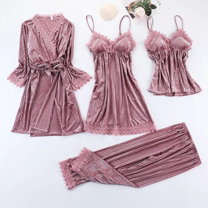 Weibliche Samt Pyjamas Vier Stück Set Herbst Winter Velour Nachtwäsche Pijamas Anzug Sexy Spitze Bademantel Robe Nachthemd Lose Homewear Image