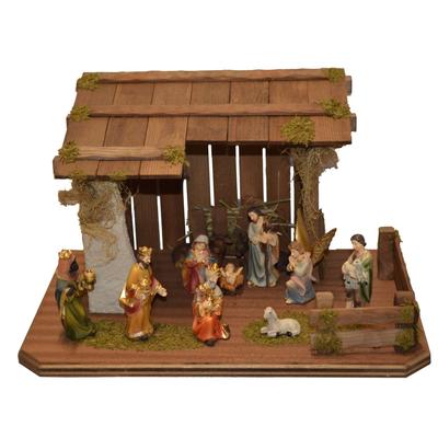 Krippe ALFRED KOLBE "Krippenstall", braun, B:30cm H:18cm T:20cm, Holz, Weihnachtskrippen, mit 9 cm Poly-Figuren 11tlg. Image