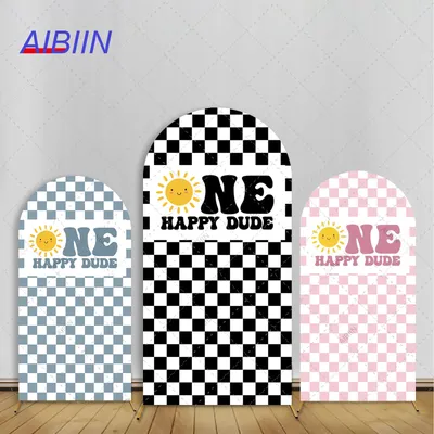 One Happy Dude 1st Birthday Arch Backdrop Cover, Cute Sun Black/Blue/Pink/Purple Grid Checker Kids