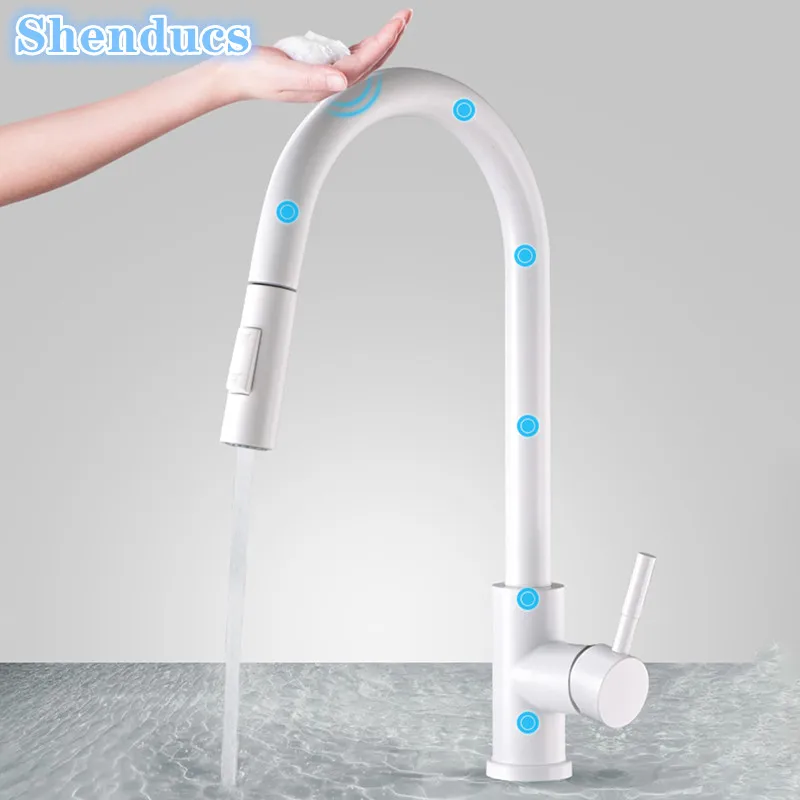 Robinets d'évier de cuisine tactiles blancs avec pulvérisateur extractible, amélioration de l'habitat, mitigeur d'évier de cuisine chaud et froid, robinet de cuisine tactile