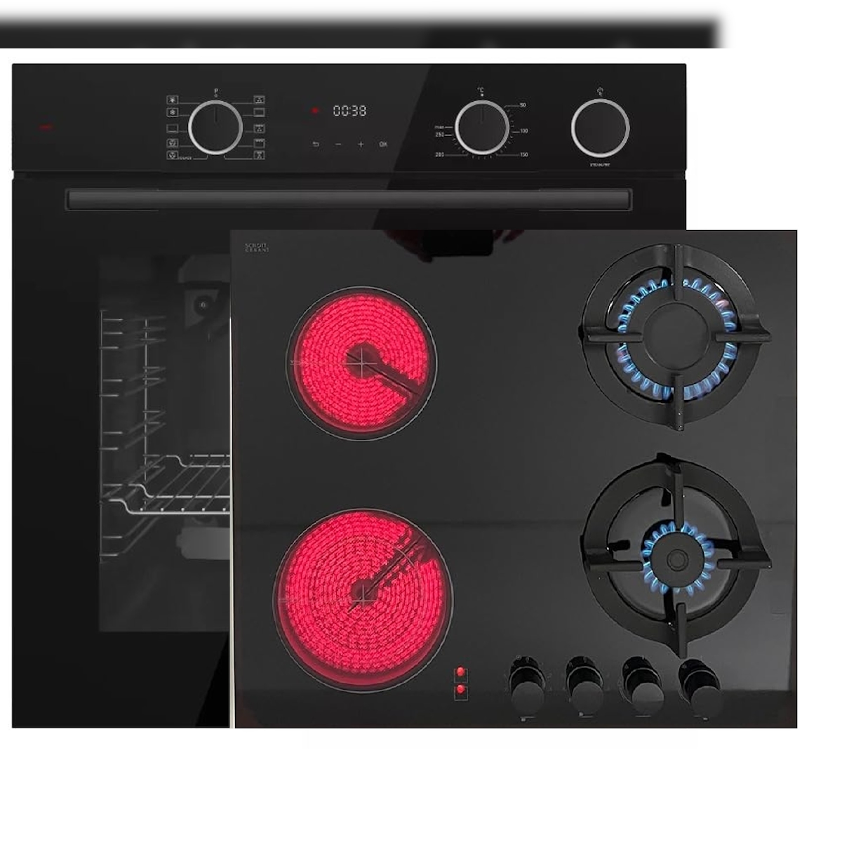 Boehme Böhme Einbauherdset Schwarzen Glas mit AirFry Funktion sowie Dampfunterstützung + Hybrid Kombi Gas Elektro Kochfeld 60 cm Image