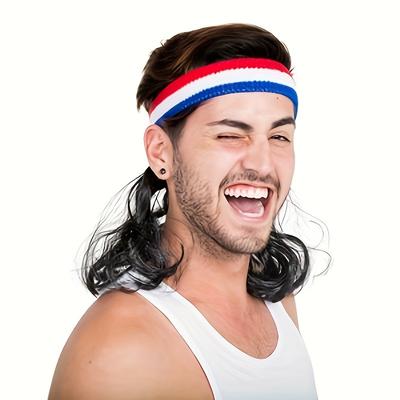 TEMU 1980s Costume Wigs Mullet Headband White And Red Blue With Magic Mullet Wig Men Attaches To Any Head Mens Halloween Costumes Mullet Headband Cap & Blonde & Black Synthetic Cosplay Wig Image