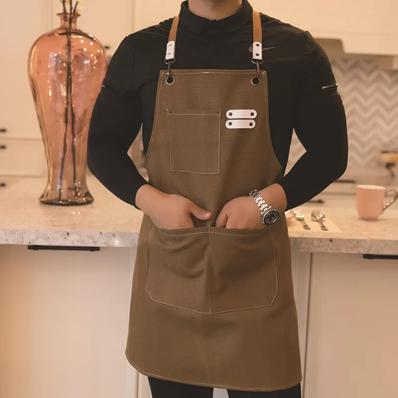 1 Stück Canvas-Schürze zum Kochen in der Küche, wasserdichte, ölbeständige Arbeitskleidung mit Taschen, Kaffee, Tee, Barista-Uniform Image
