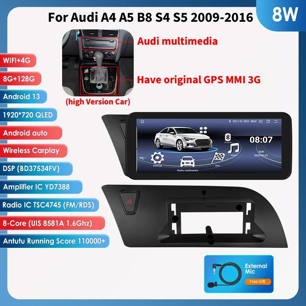 Hizpo Wireless CarPlay Andorid 14 Auto Autoradio für Audi A4 A4L B8 2009 2010 2011 2012 2013–2016 Multimedia GPS 4G Navigation Image