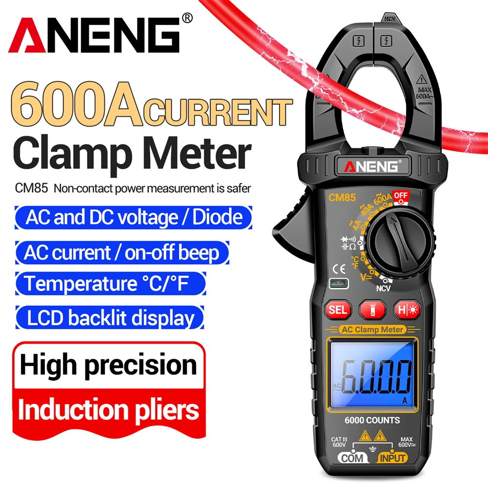 ANENG CM85 600 A Stromzangenmessgerät, berührungslose Leistungsmessung, 6000 Stück, hochpräzises NCV-Elektriker-Multimeter-Testwerkzeug Image