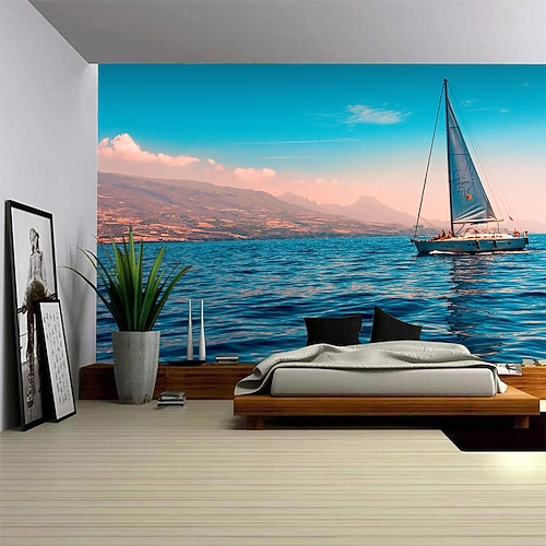 Landschaft Ozean hängender Wandteppich Wandkunst Großer Wandteppich Wandmalerei Dekor Fotografie Hintergrund Decke Vorhang Zuhause Schlafzimmer Wohnzimmer Dekoration Boot Segeln Image