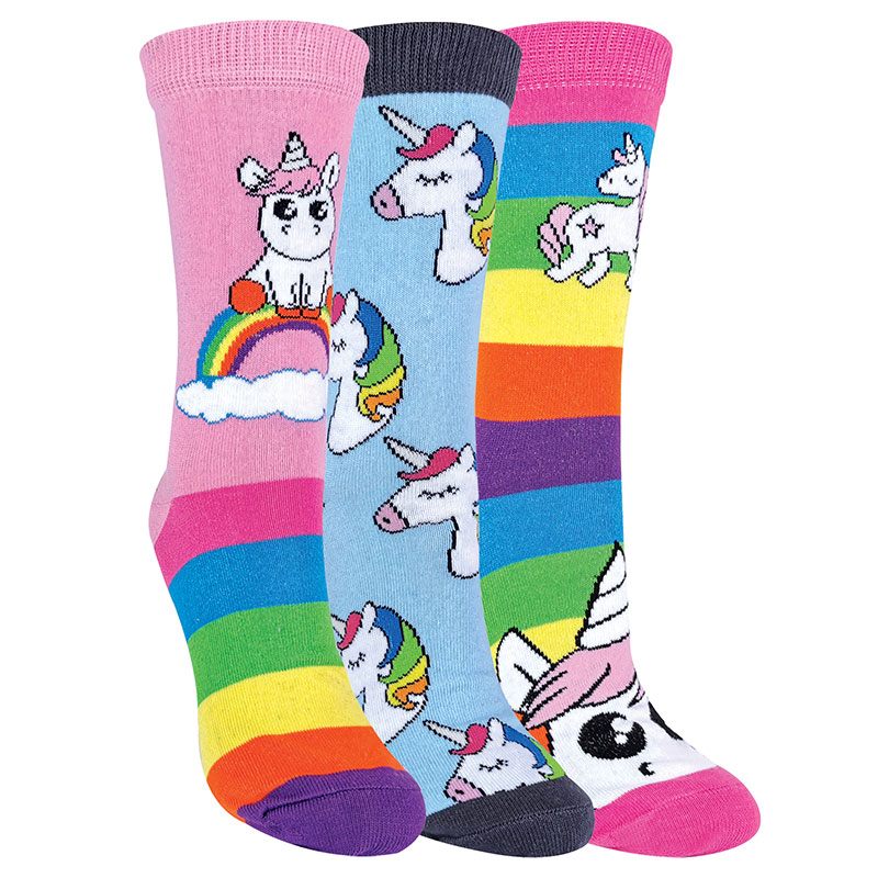 Childrens Mädchen 3 Pack mythische Einhorn gestreift Regenbogen Thema Socken Image