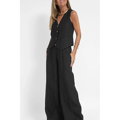 Damen Baumwoll Mischung Leinen-inspirierte Sets Zweiteilige Sets Ärmellos V Ausschnitt Einfarbig Dubbele Rij Knopen Aktiv Basic Urlaub Alltagstauglich Schwarz Weiß Wein Sommer Normale Passform Image