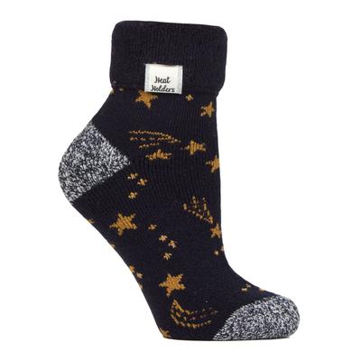 Damen Kuschelsocken mit Umschlagbündchen | Wärmehalter | Warme flauschige Lounge-Socken für den Winter - Navy/Gold Stars Image