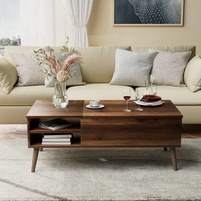 Wood Lift Top Coffee Table with Hidden Compartment, Storage Shelf and Metal Frame, Café Tables