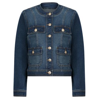 Coats / Jackets Calgary Women's Stretch Cotton Collarless Denim Jacket in Mid Blue - Amara Reya / 20 - Tokyo Laundry