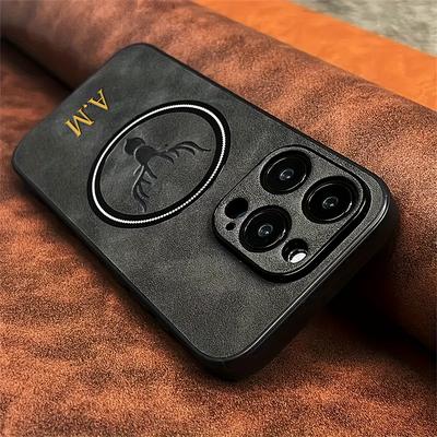 TEMU For Luxury Customized Golden Letter Name Deer Head Pattern For Magsafe Wireless Charge Case For 15 14 11 Pro Personalized Shockproof Protective Back Cover Image
