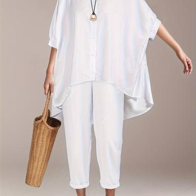 TEMU Elegant Solid Color Beach Vacation Women's Shirt Set With Short Front And Long Back, Polyester, Batwing Sleeves - Machine Washable Image