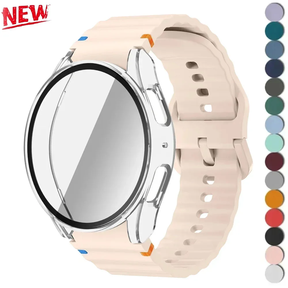 Gehäuse + Armband für Samsung Galaxy Watch 7, 6, 5, 4, 40 mm, 44 mm, Silikonarmband, gehärtetes Glas, Displayschutzfolie, Stoßstangenabdeckung Image