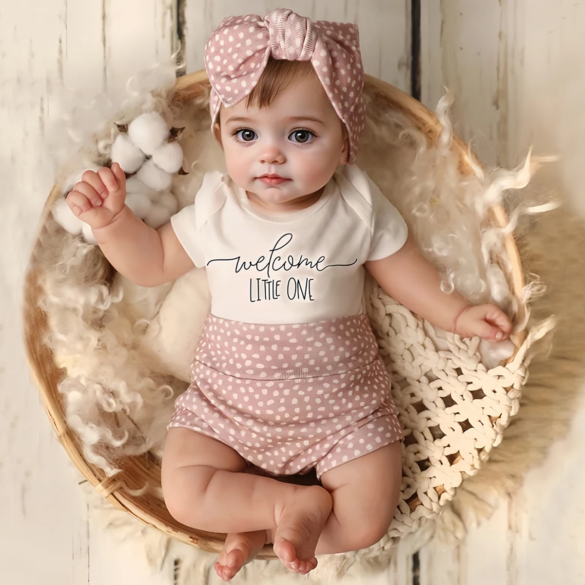 Ylsteed Welcome Little One Print Neugeborenen-Fotografie-Outfit, weißer Strampler, gepunktete Shorts, Set mit Schleife und Stirnband für Neugeborene, Coming Home Image