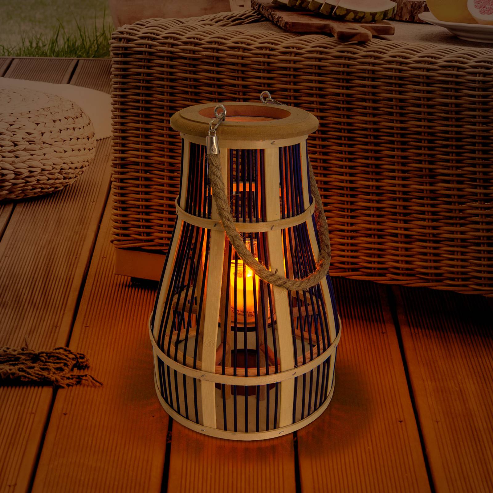 Näve LED-Solar-Dekoleuchte Korb, 34 cm, schwarz/natur Korb, Holz hell, Bambus, Solarleuchte