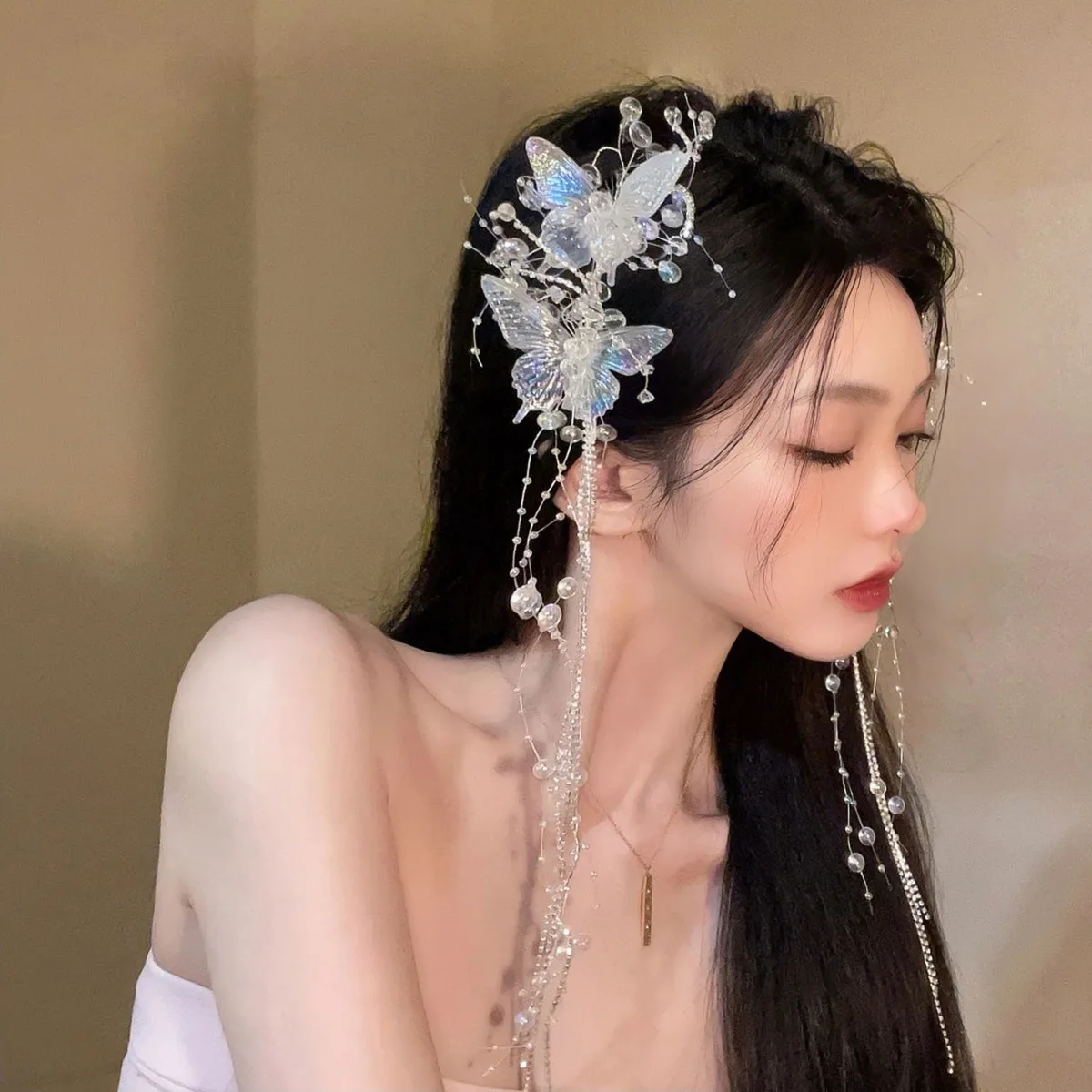 Neue Schmetterling Heiße Quaste Perle Exquisite Haarnadel Prinzessin Braut Hochzeit Kleid Kopfbedeckung Senmeisen Kristall Haar Zubehör Image