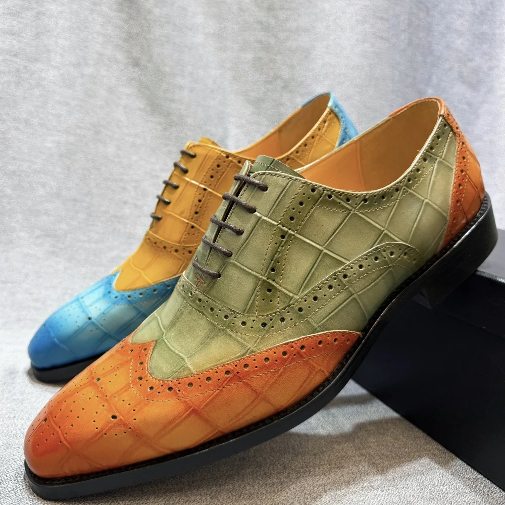 Herren-Oxfords-Schuhe aus echtem Leder mit Flügelspitze, italienische Hochzeitskleid-Schuhe, grün/kamelfarbene Business-formelle Herrenschuhe