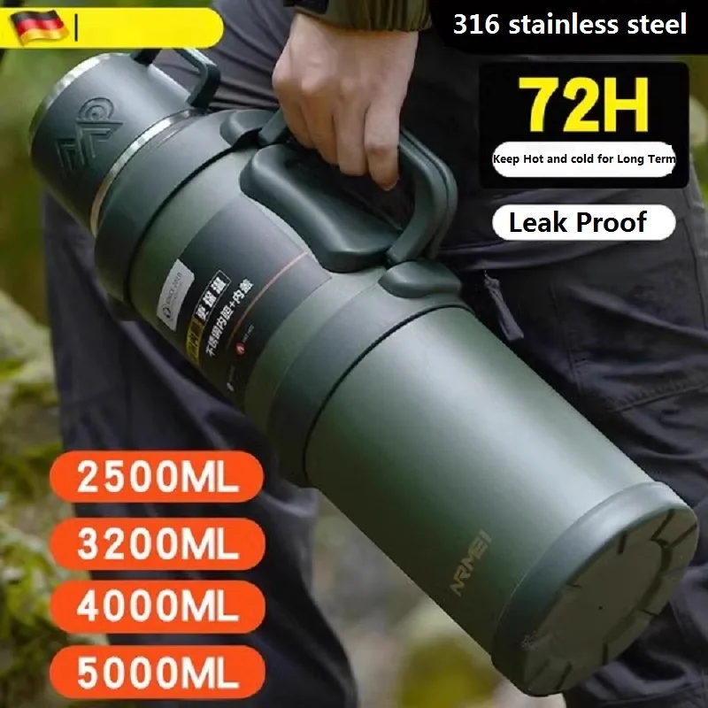 Isolierte Wasserflasche aus Edelstahl mit Griff, tragbare Outdoor-Thermosflasche mit großem Fassungsvermögen, hält heiß und kalt für 72 Stunden Image