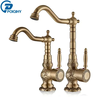POIQIHY Basin Faucets Antique Brass Faucet Basin Carving Tap Rotation Single Handle Tap Mixer Taps