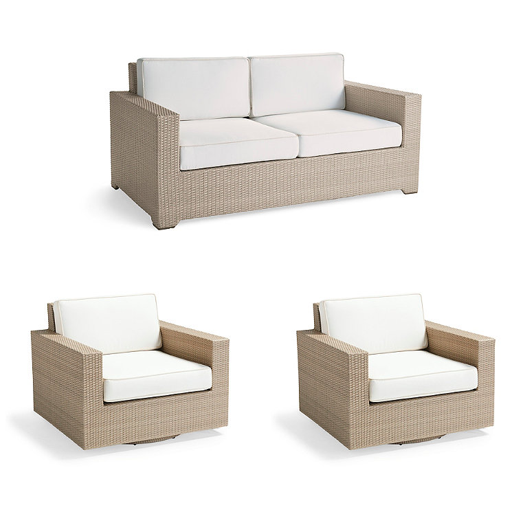 Palermo 3-pc. Loveseat Set with Two Swivel Lounge Chairs in Dove Wicker - Standard, Sand with Canvas Piping - Frontgate