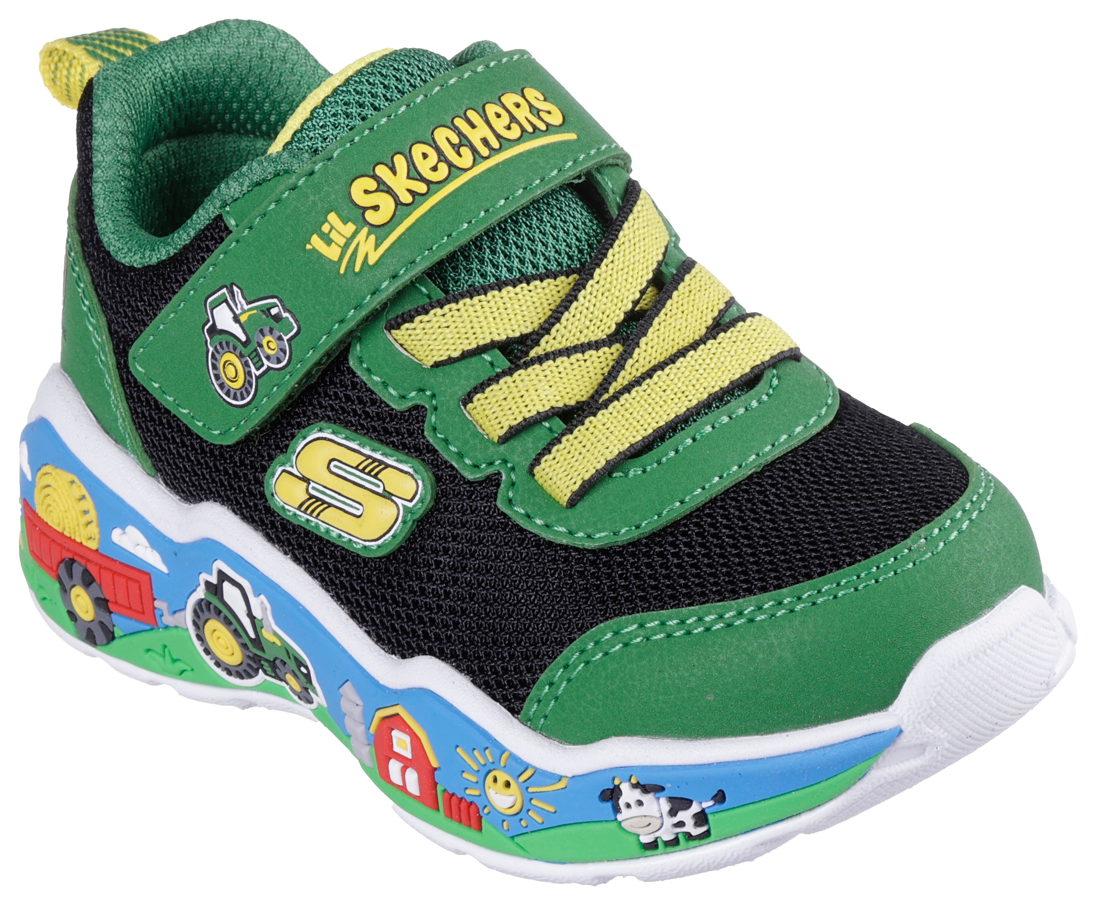 Sneaker SKECHERS "PLAY SCENE JOHN DEERE", Mädchen, Gr. 23, grün (grün, schwarz), Lederimitat, Textil, animal-print, kontrastfarbene Details, Schuhe Sneaker, Klettschuh im John Deere Design, Größenschablone zum Download