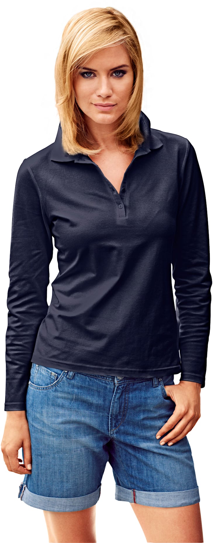 Poloshirt HEINE "Poloshirt", Damen, Gr. 40, blau (marine), 95% Baumwolle, 5% Elasthan, unifarben, Shirts Image