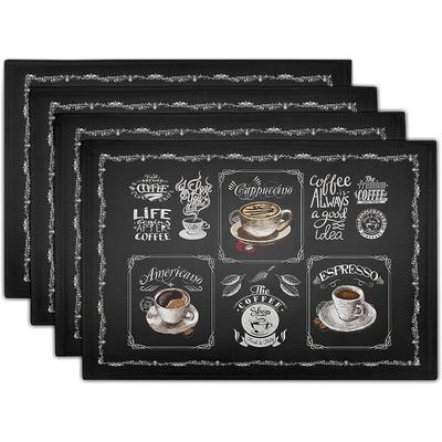 TEMU 4pcs Giwawa Coffee Placemts Set Of 4, 12x18 Black Cafe Life Themed Coffee Beans Maker Espresso , Washable Heat-resistant Linen Placemats For Dining Table Party Image