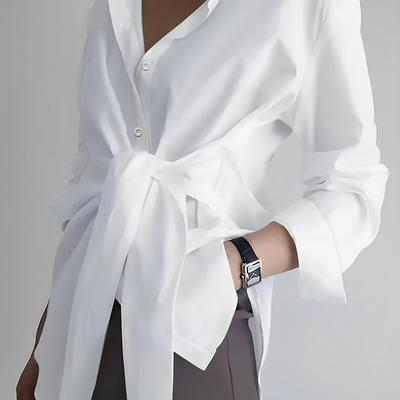 TEMU 1pc Elegant Women's Polyester Long Sleeve Shirt With Tie Waist And Lapel Collar - Solid Color Woven Top For Spring/fall, Office Wear Image