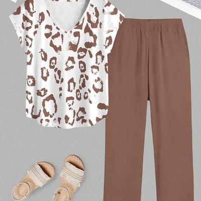 TEMU Wilderness - Spring/summer New Leopard Print V-neck One-piece Sleeve Short Pants Solid Color Casual T-shirt And Shorts Set Image