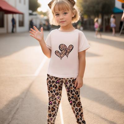 TEMU 2pcs Set, Girl's Love Print Short-sleeved T-shirt + Leopard Print Long Pants Set, Comfortable & Fashionable Girl's Spring And Autumn Clothes. Suitable As A Gift. Suitable For Outdoor Scenes Image