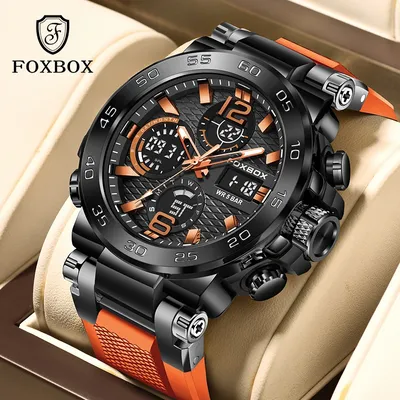 FOXBOX Fashion Mens Watch Dual Display Military Sports Man Watch Digital LED Luminous Calendar Waterproof Quartz Watches For Men