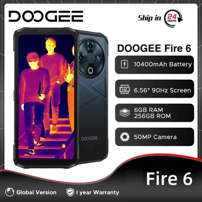 Global Version DOOGEE Fire 6 16GB 256GB Rugged Phone 6.56" 90Hz Display Thermal Imaging Unisoc T606 10400mAh Battery Android 14