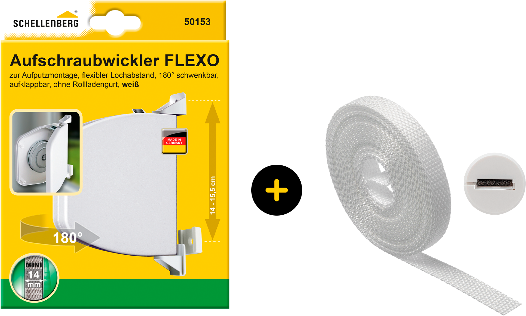 Aufputz-Gurtwickler SCHELLENBERG "Flexo Rollladensystem Mini, inkl. Gurt weiß und Gurtführung", weiß, 1 Stk., Gurtwickler, Aufschraubwickler aufklappbar, höhenverstellbar, 180 schwenkbar weiß