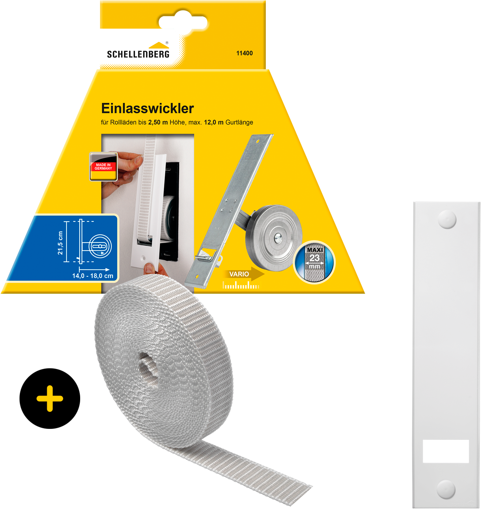 Einlass-Gurtwickler SCHELLENBERG "Unterputz, inkl. Abdeckplatte weiß und Rollladengurt in grau oder weiß", grau, 1 Stk., Gurtwickler, 21,5 cm Lochabstand für das Rollladensystem Maxi