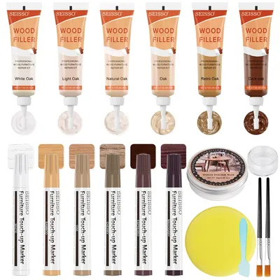 SEISSO 6 Colors Wood Furniture Repair Kit Touch Up Markers Wood Filler Polish Wax for Scratches Cracks Tables Doors Floors