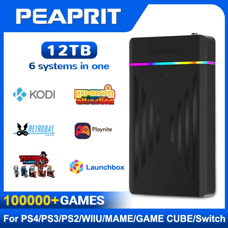 PEAPRIT 12 TB Gaming-Festplatte mit Hyperspin Launchbox Retrobat Playnite 10K+ Retro-Videospielkonsole für PS3/PS2/PS/Wii/WIIU/SWITCH
