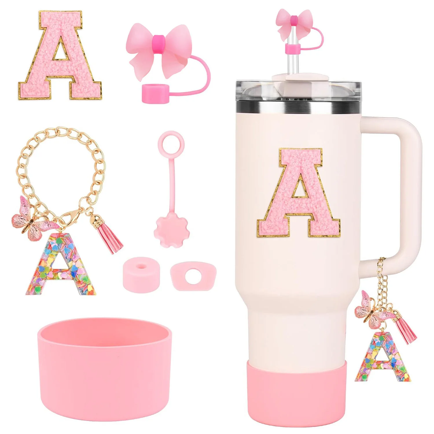 7-teiliges Tassen-Zubehör-Set für Stanley 30oz 40oz Tumbler Stroh-Abdeckkappe, Stiefel, auslaufsicherer Stopper, Buchstaben-Schlüsselanhänger, Charm-Aufkleber Image