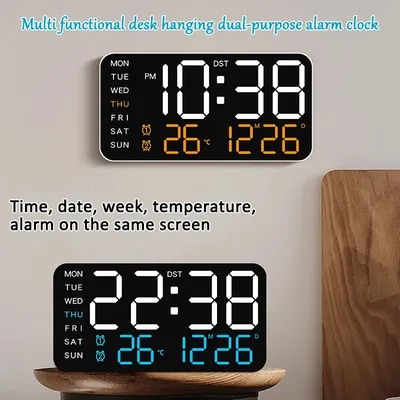 Digitale Wanduhr, Temperatur, Datum, Woche, Dual-Alarm, Display, Helligkeit, verstellbar, Tisch-/Hängeuhr, 12/24 Stunden, DST-LED-Uhr für Zuhause