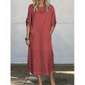 Damen Maxi Kleid A-Linie Kleid Sommer Kleid Leinen Lässig Täglich Reguläre Passform Grafik Schlicht 3/4 Länge Ärmel Rundhals Schwarz Weiß Rot Blau Sommer