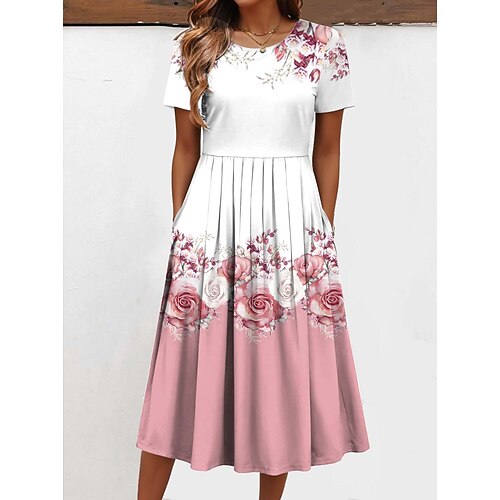 Damen Midikleid T-Shirt-Kleid Urlaub Lässig Täglich Normale Passform Blumen Grafik Kurzarm Rundhalsausschnitt Hellgrün Rosa Grün Beige Sommer Image