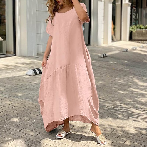 Damen Langes Kleid Maxikleid Baumwoll Mischung Shiftkleid Kaftan Kleid Basic Klassisch Modern Täglich Urlaub Ausgehen Normale Passform Einfach Kurzarm V Ausschnitt Schwarz Weiß Gelb Rosa Sommer Image
