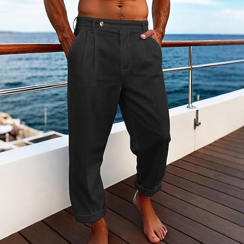 Herren Leinenhosen Hose Sommerhose Strandhose Tasche Einfach Komfort Atmungsaktiv Urlaub Täglich Ferien Hawaiianisch Boho Kurkuma Schwarz Image